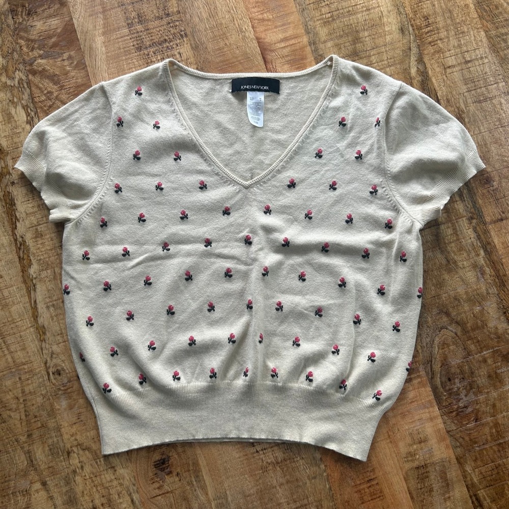 Jones New York Silk Cashmere Floral Rose V-Neck Short Sleeve Sweater Cream M